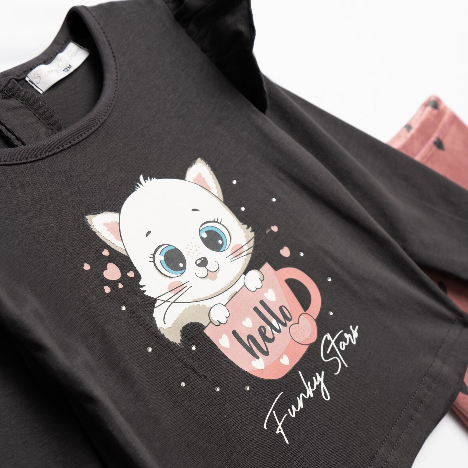 Σετ Μπλούζα Παντελόνι Funky “Hello Cat” – Μαύρο/Ροζ - Image 3