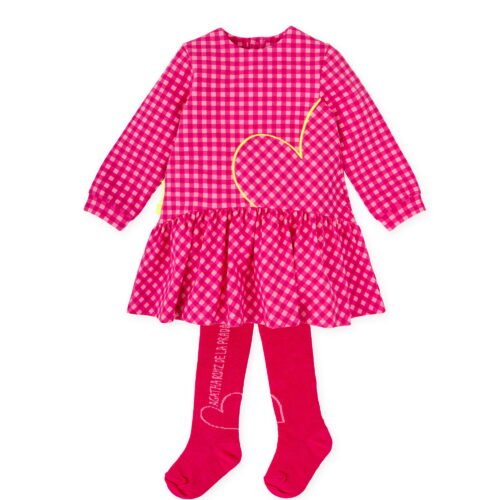 Παιδικό Φόρεμα Καρό με Καρδιά και Καλσόν – Ροζ/Φούξια
