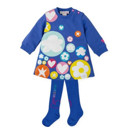 Παιδικό σετ μπλε φόρεμα με πολύχρωμα σχέδια και καλσόν Agatha Ruiz De La Prada