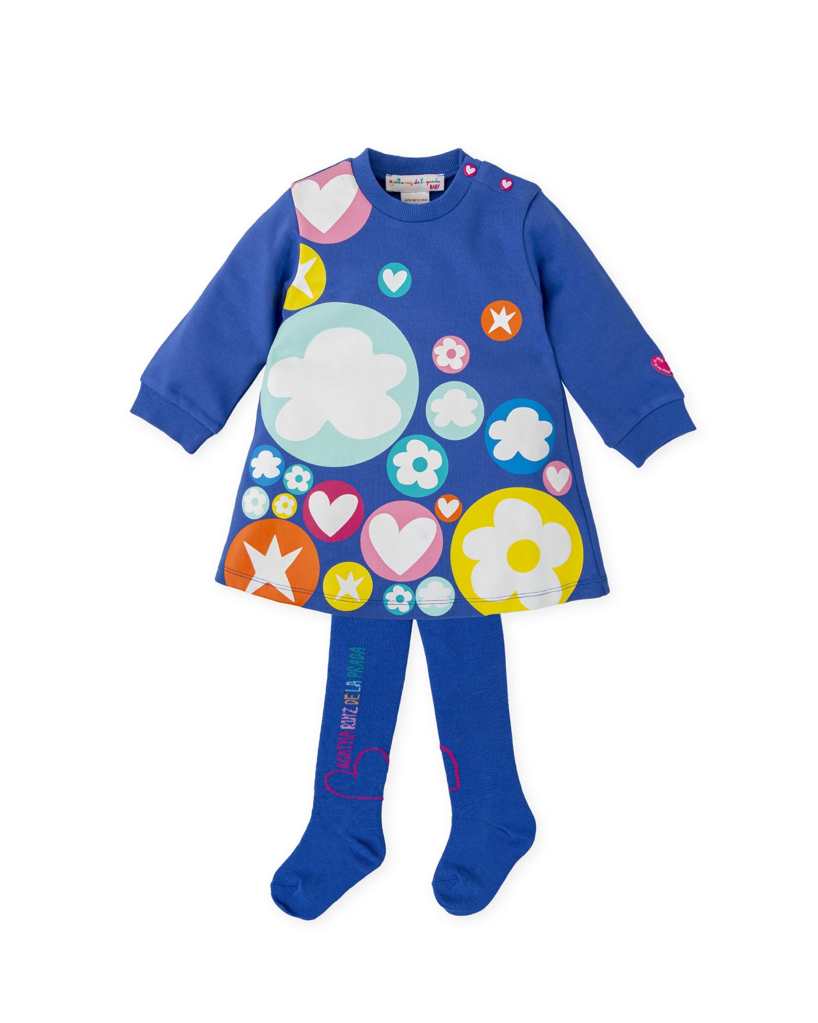 Παιδικό σετ μπλε φόρεμα με πολύχρωμα σχέδια και καλσόν Agatha Ruiz De La Prada