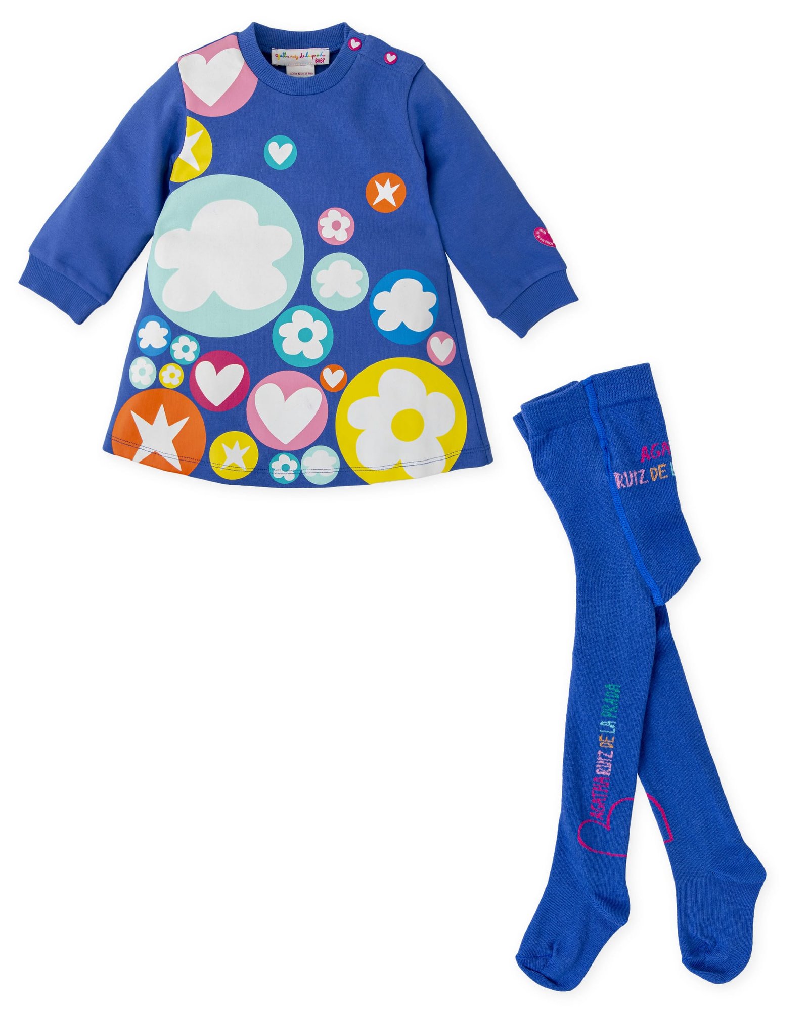 Παιδικό σετ μπλε φόρεμα με πολύχρωμα σχέδια και καλσόν Agatha Ruiz De La Prada - Image 3