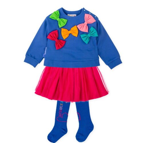 Παιδικό Σετ με Μπλούζα Φιόγκους, Τούλινη Φούστα και Καλσόν – Φούξια/Μπλε