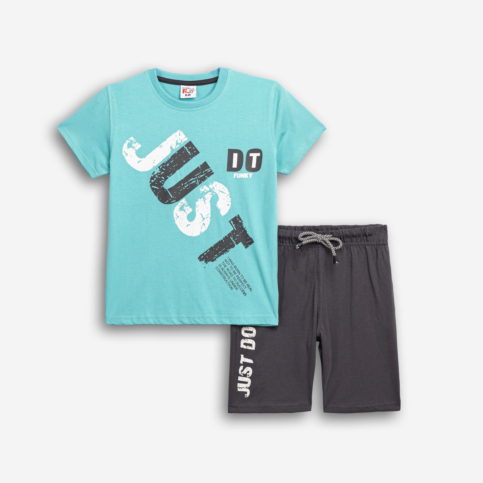 Σετ Μπλούζα & Βερμούδα Αγόρι Funky “Just” – Τυρκουάζ/Γκρι