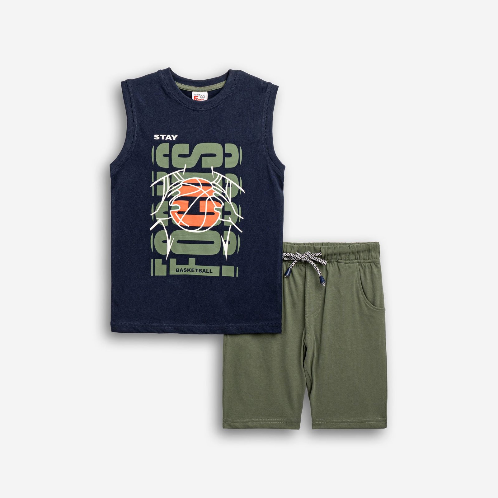 Σετ Αμάνικη Μπλούζα & Βερμούδα Αγόρι Funky “Stay Hoop” – Μπλε/Χακί