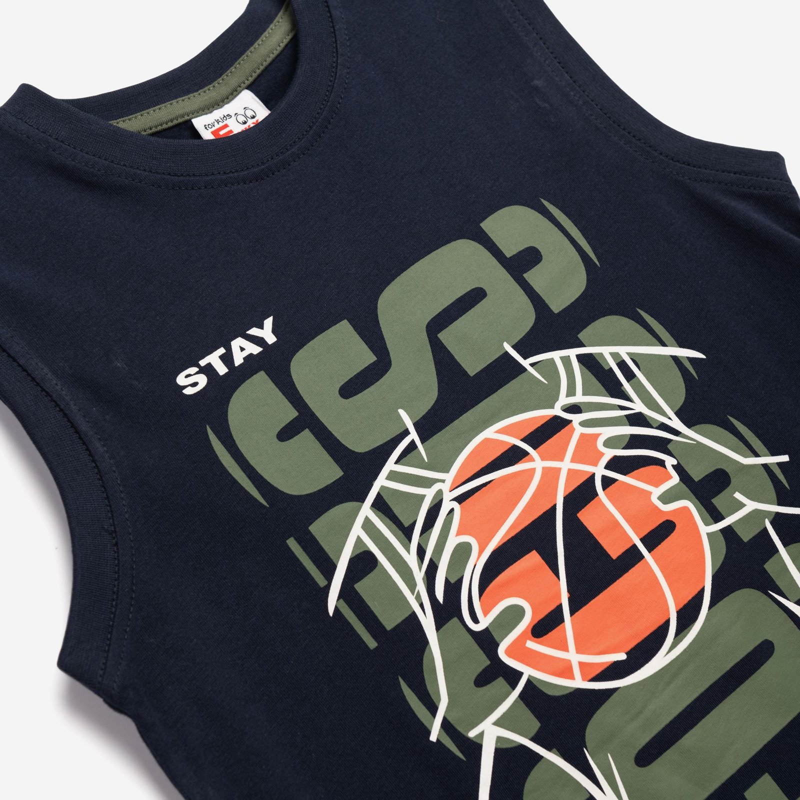 Σετ Αμάνικη Μπλούζα & Βερμούδα Αγόρι Funky “Stay Hoop” – Μπλε/Χακί - Image 2