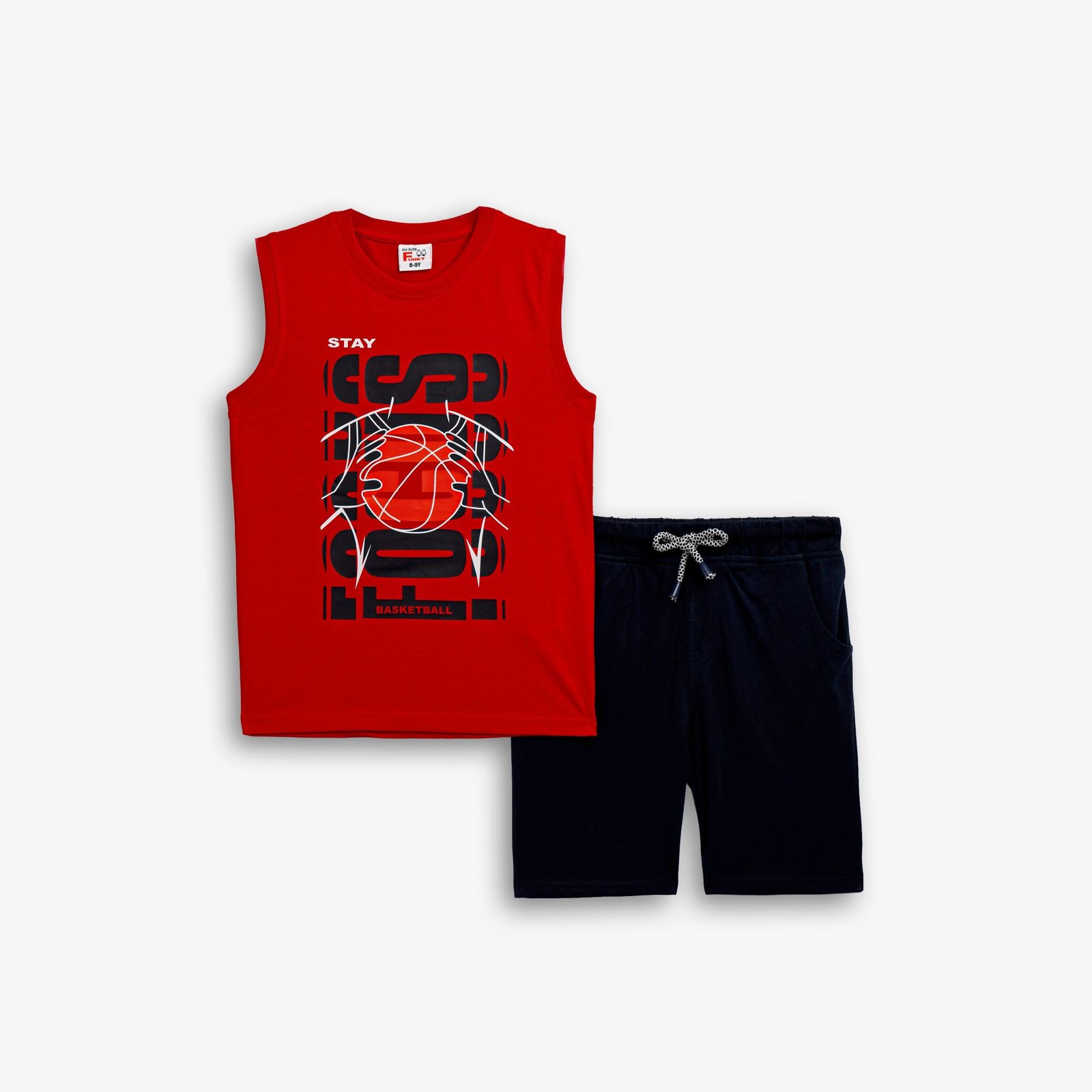 Σετ Αμάνικη Μπλούζα & Βερμούδα Αγόρι Funky “Stay Hoop” – Κόκκινο/Μπλε