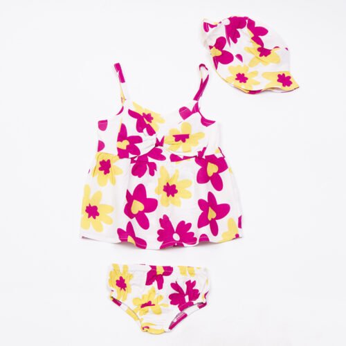 Σετ Φόρεμα Καπέλο & Βρακάκι Κορίτσι – Φλοράλ Ροζ/Κίτρινο