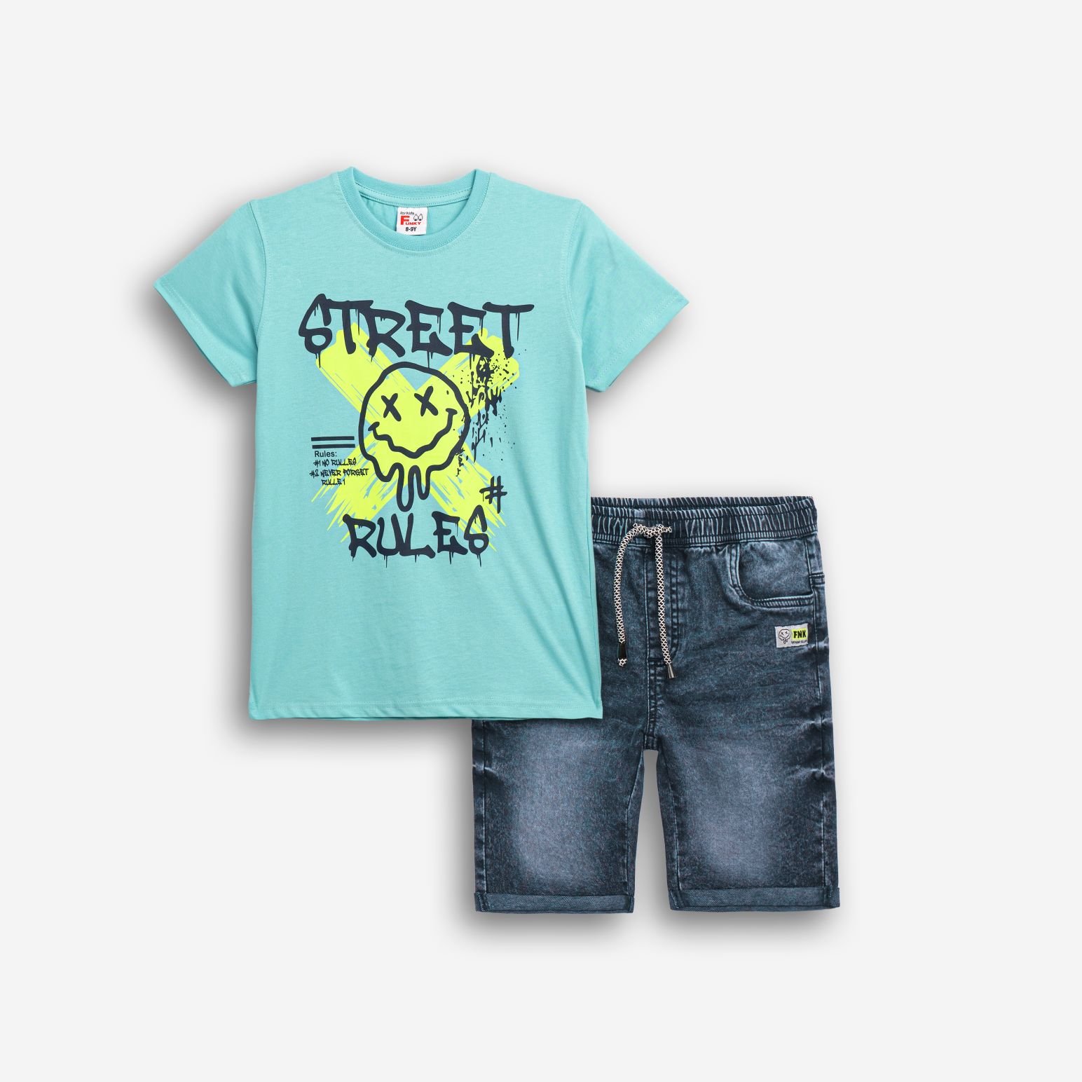 Σετ Μπλούζα & Τζιν Βερμούδα Αγόρι Funky “Street Rules” – Τυρκουάζ/Μπλε