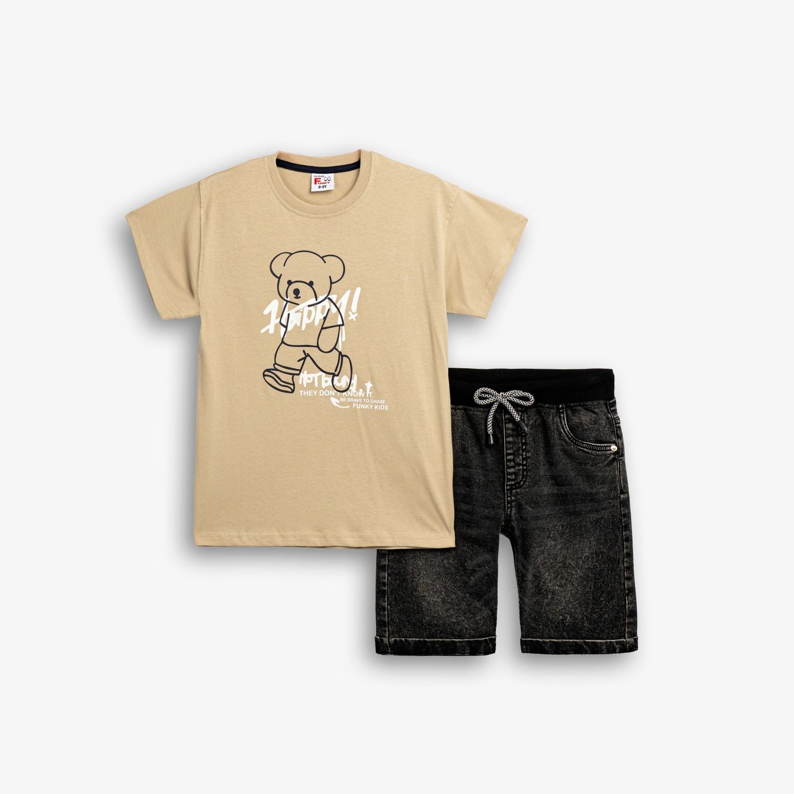 Σετ Μπλούζα & Τζιν Βερμούδα Αγόρι Funky “Not Touch” – Μπεζ/Μαύρο