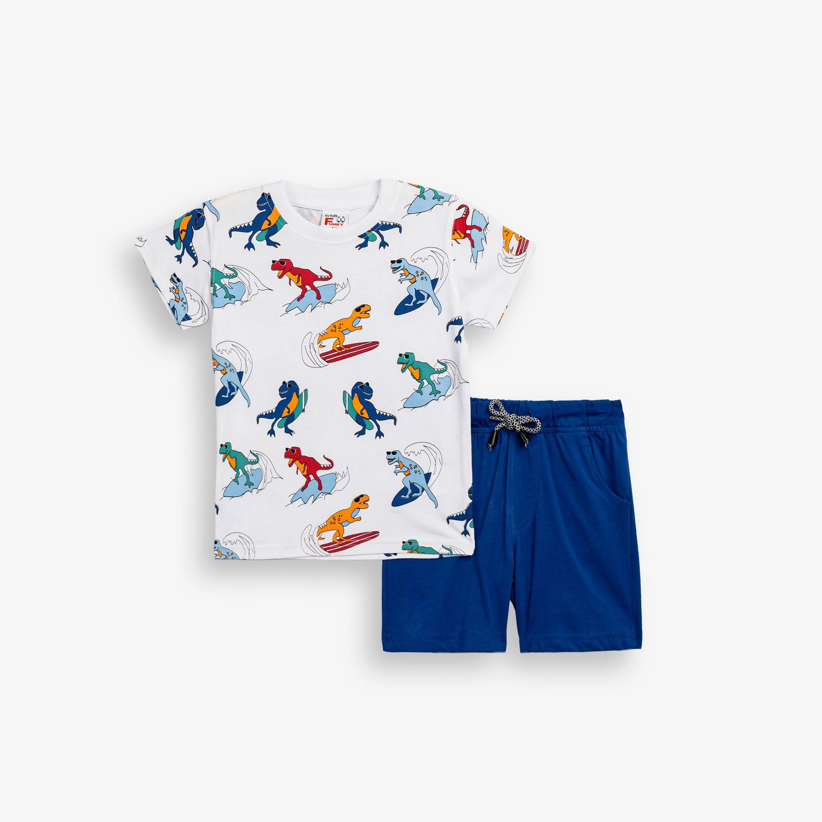 Σετ Μπλούζα & Βερμούδα Αγόρι Funky “Surf Dinos” – Λευκό/Μπλε