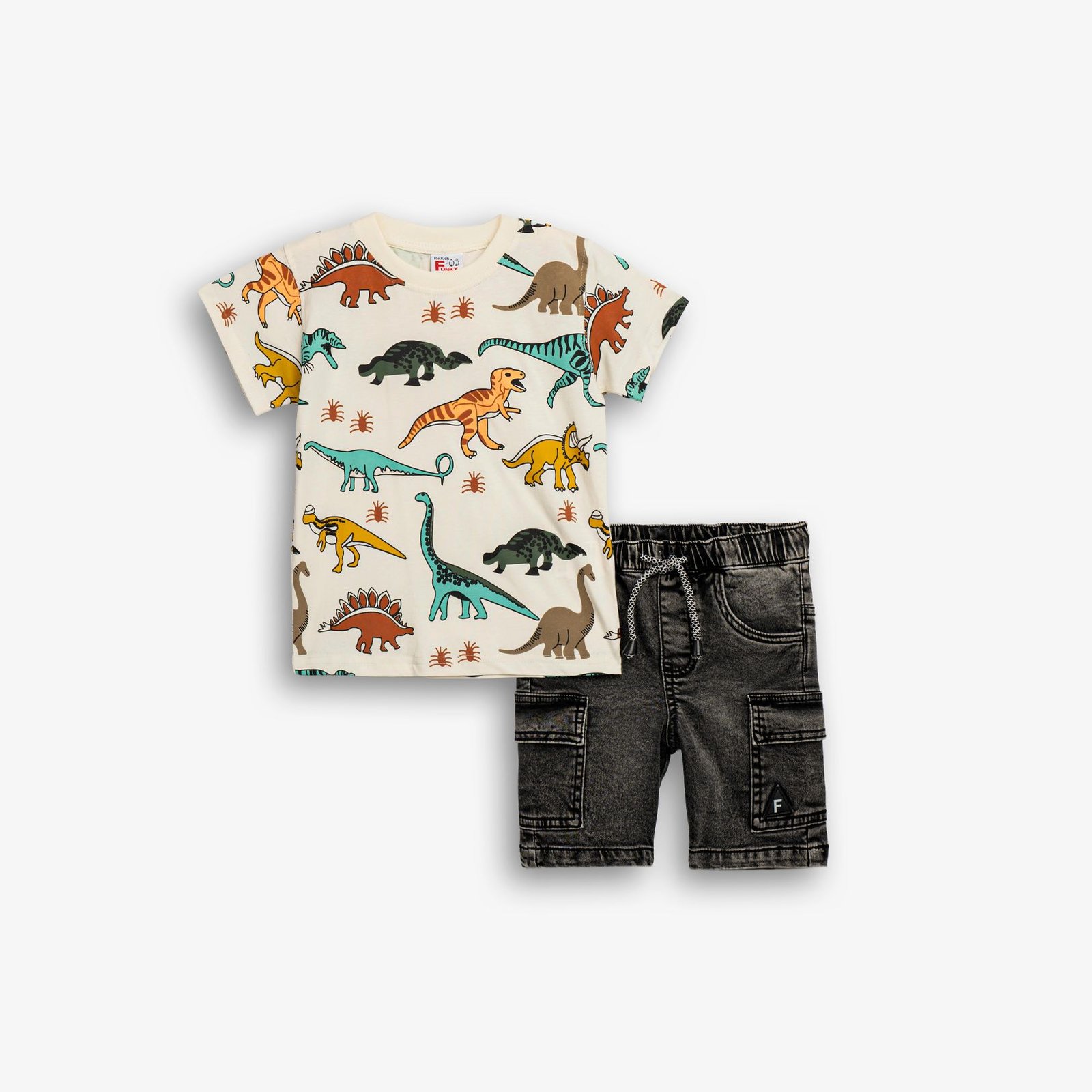 Σετ Μπλούζα & Τζιν Βερμούδα Αγόρι Funky Δεινόσαυροι – Εκρού/Μαύρο