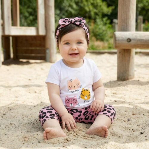 Βρεφικό Σετ Trax Ροζ Με Κολάν Leopard Και Κορδέλα