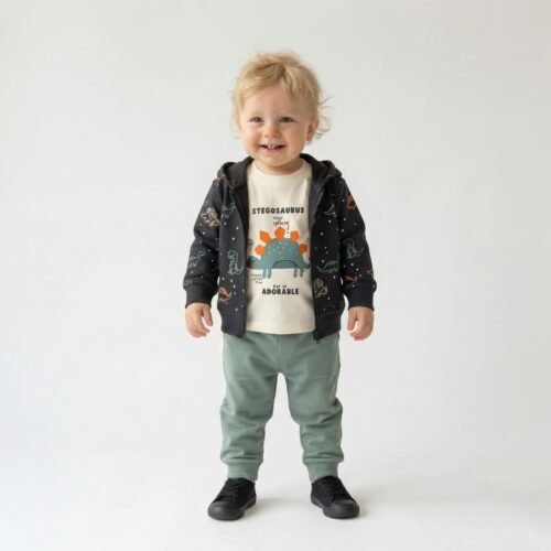 Ανθρακί σετ δεινόσαυρος με ζακέτα και παντελόνι