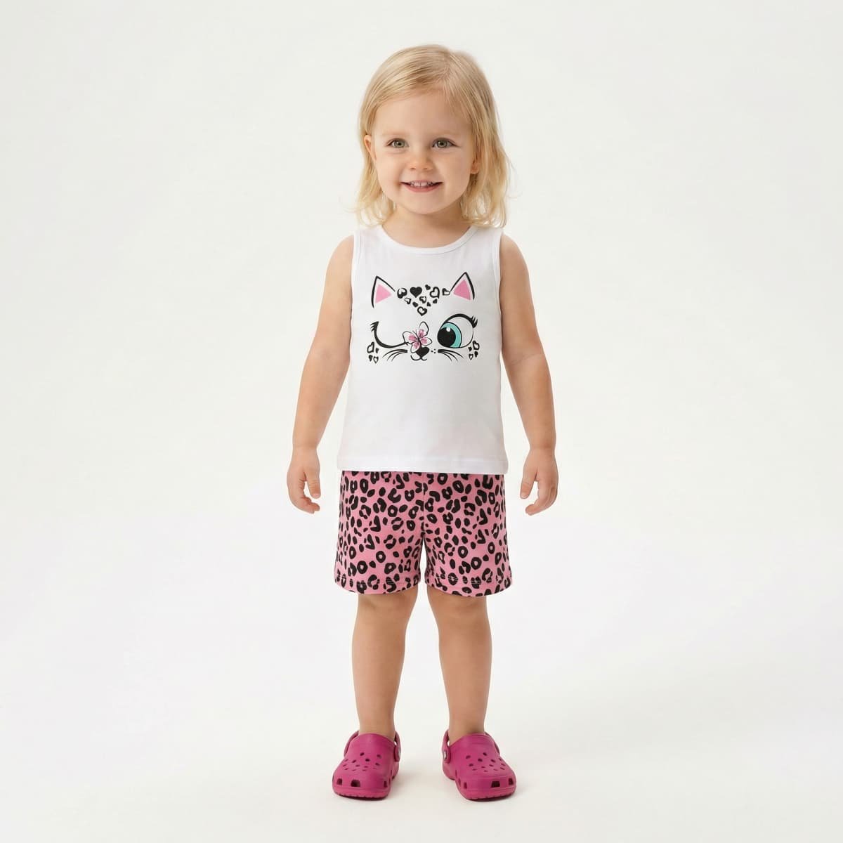 Λευκό σετ γατούλα με λεοπάρ σορτς
